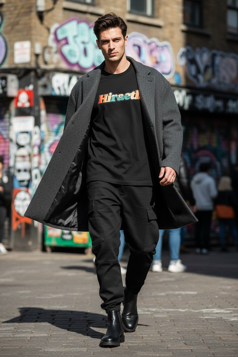 Black hiraeth tee with grey wool coat