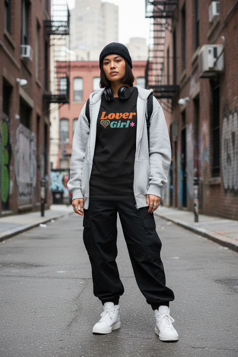 Black lover girl orange tee with grey hoodie