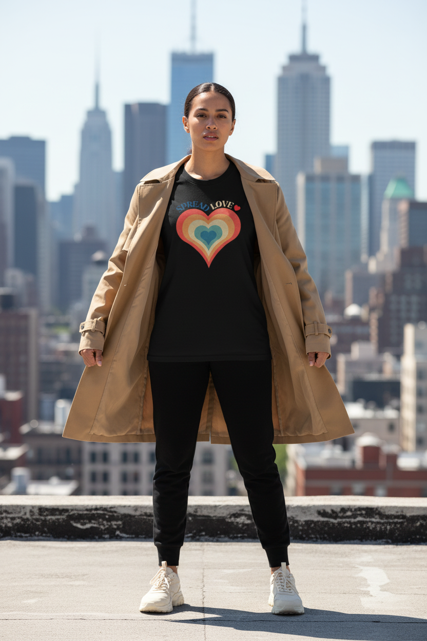 Black spread love tee with trench coat