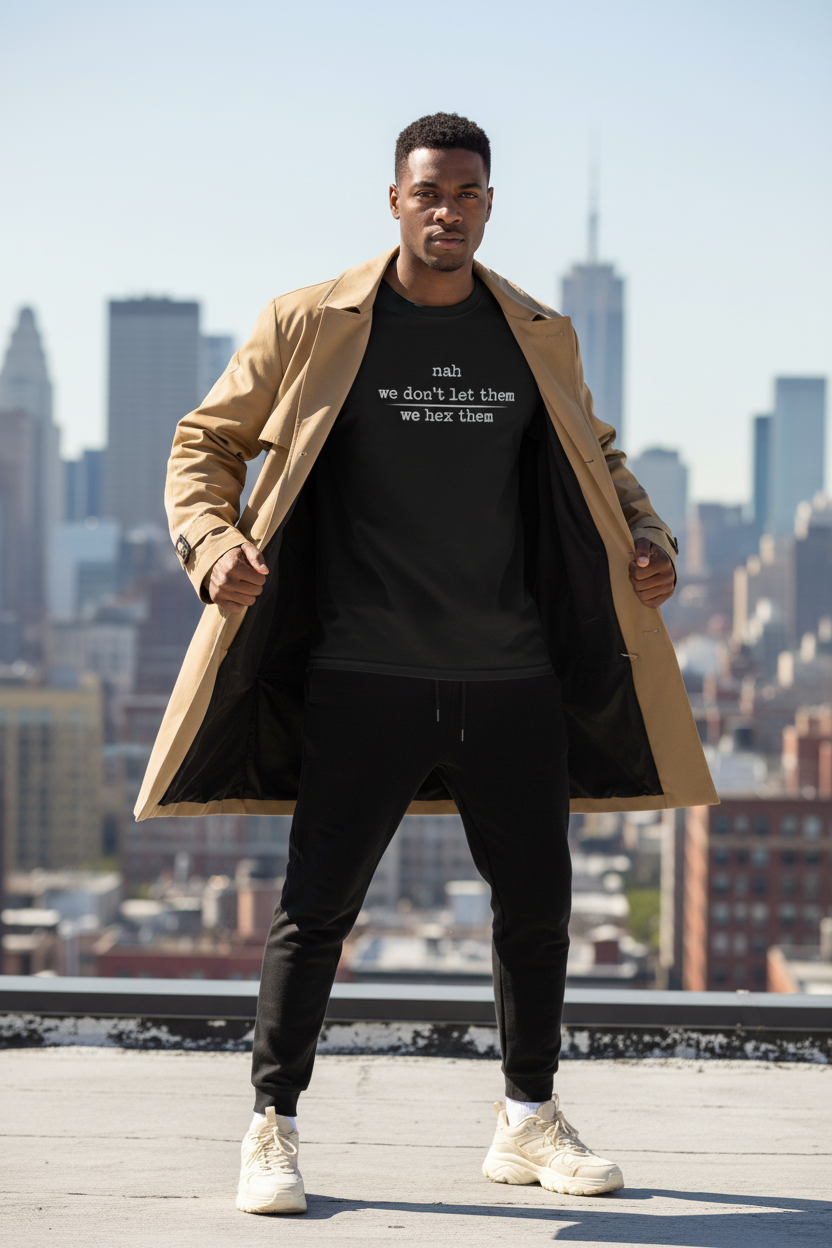 Black we hex them tee with trench coat