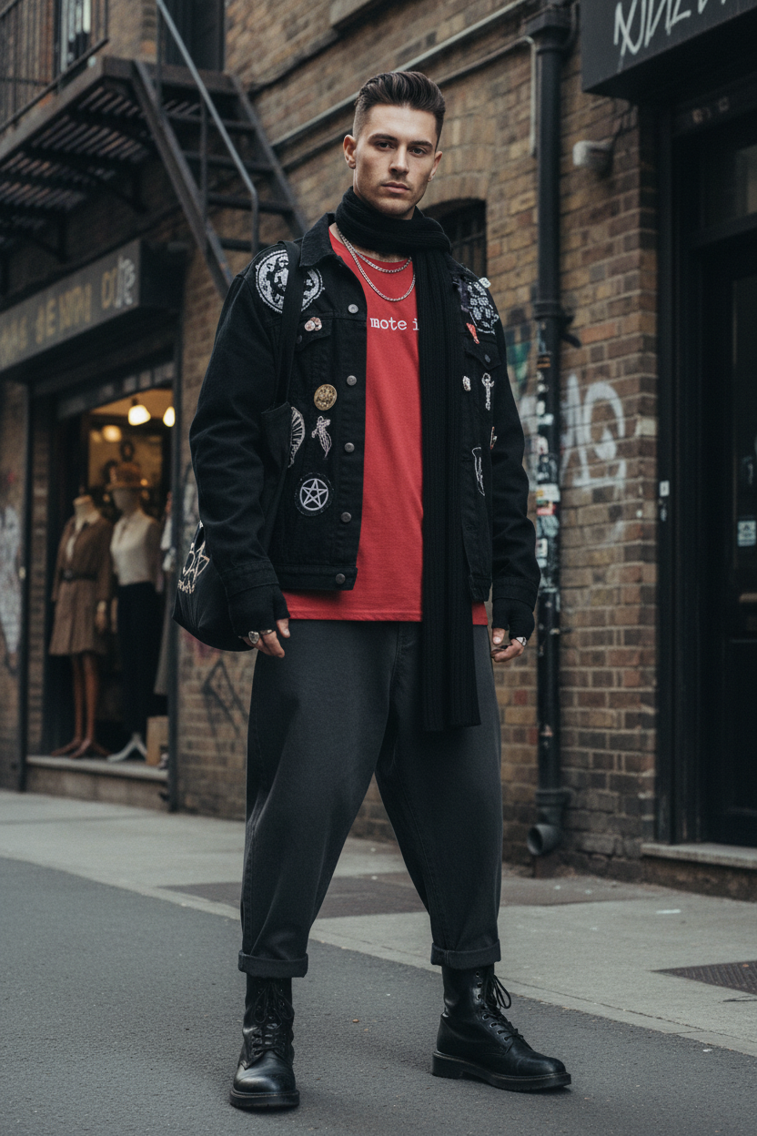 Cardinal red so mote it be tee with denim jacket