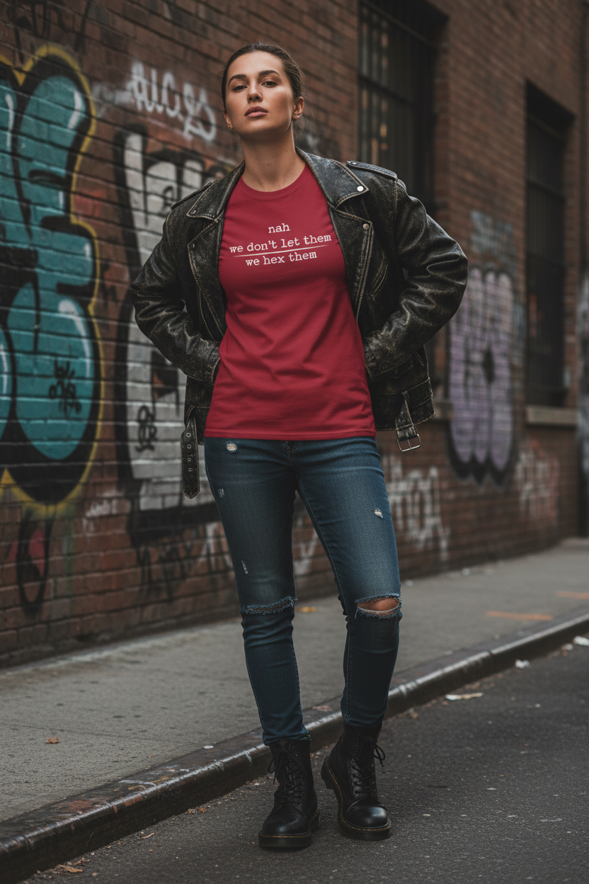 Cardinal red we hex them tee with leather jacket