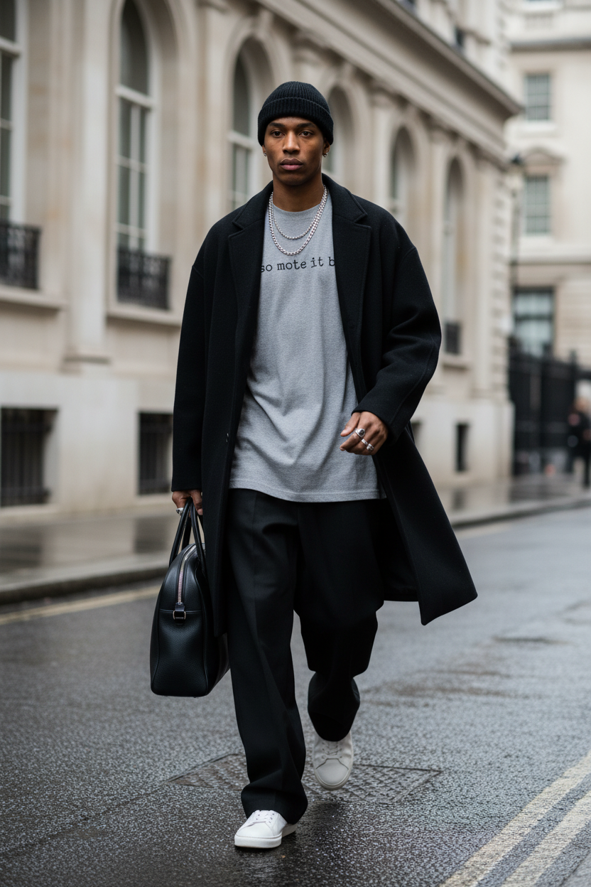 Charcoal so mote it be tee with wool coat
