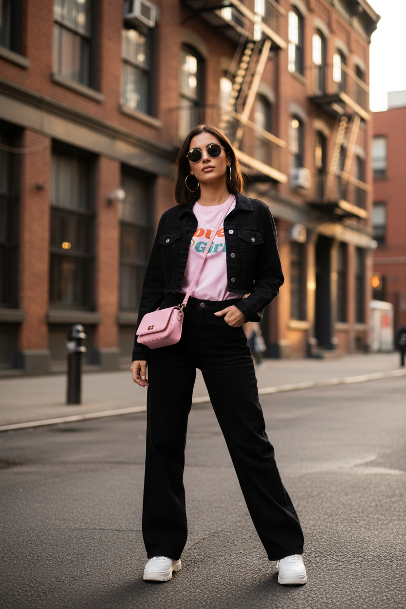 Light pink lover girl orange tee with denim jacket