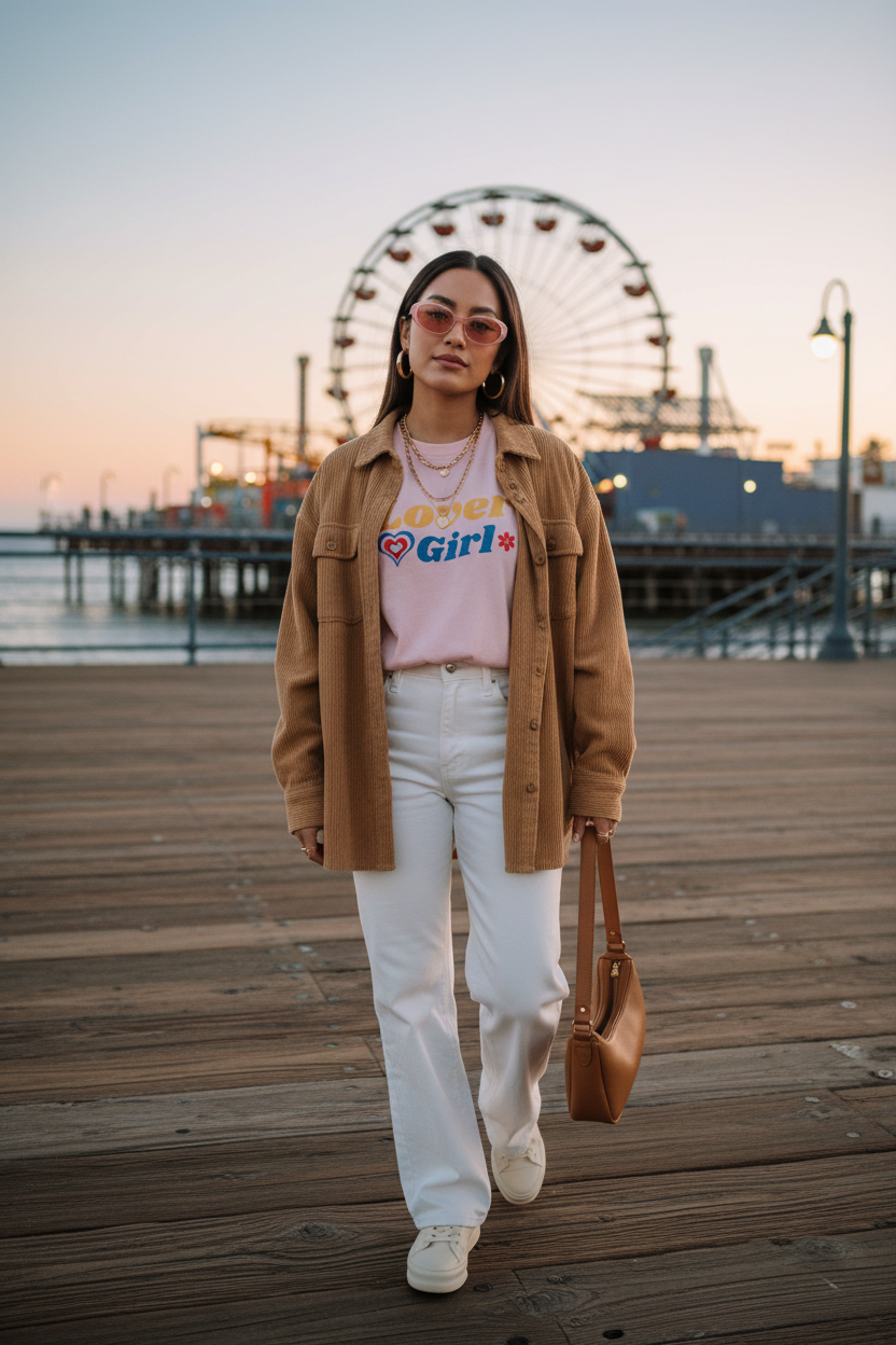 Light pink lovergirl tee with corduroy shacket
