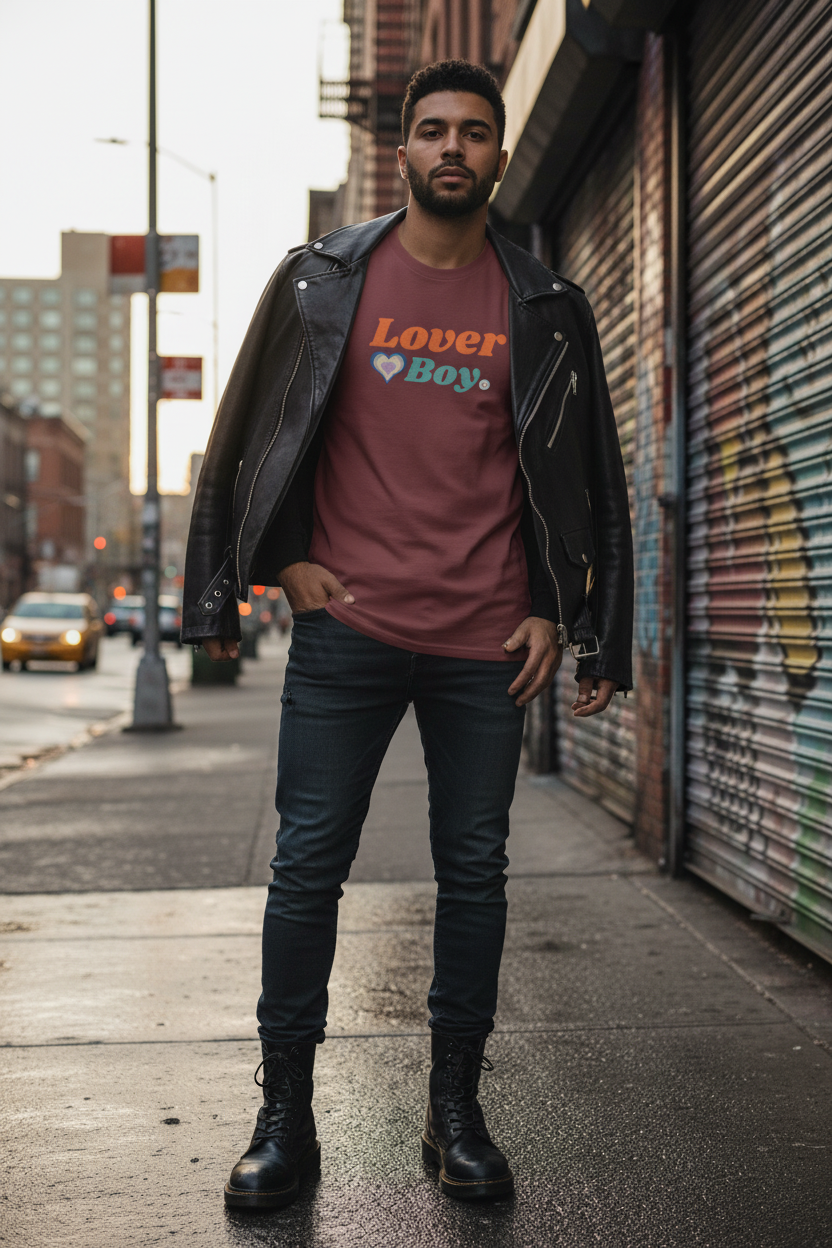 Maroon lover boy orange tee with leather jacket