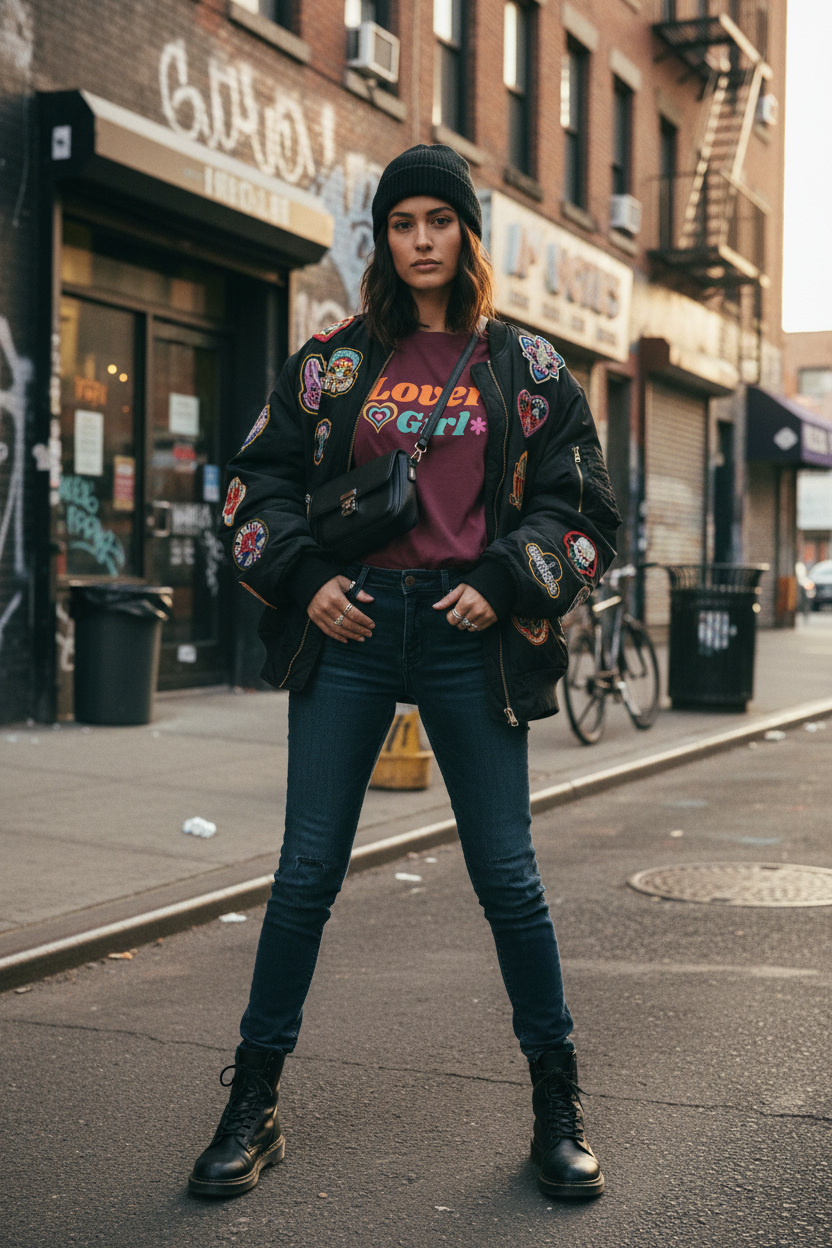 Maroon lover girl orange tee with bomber jacket
