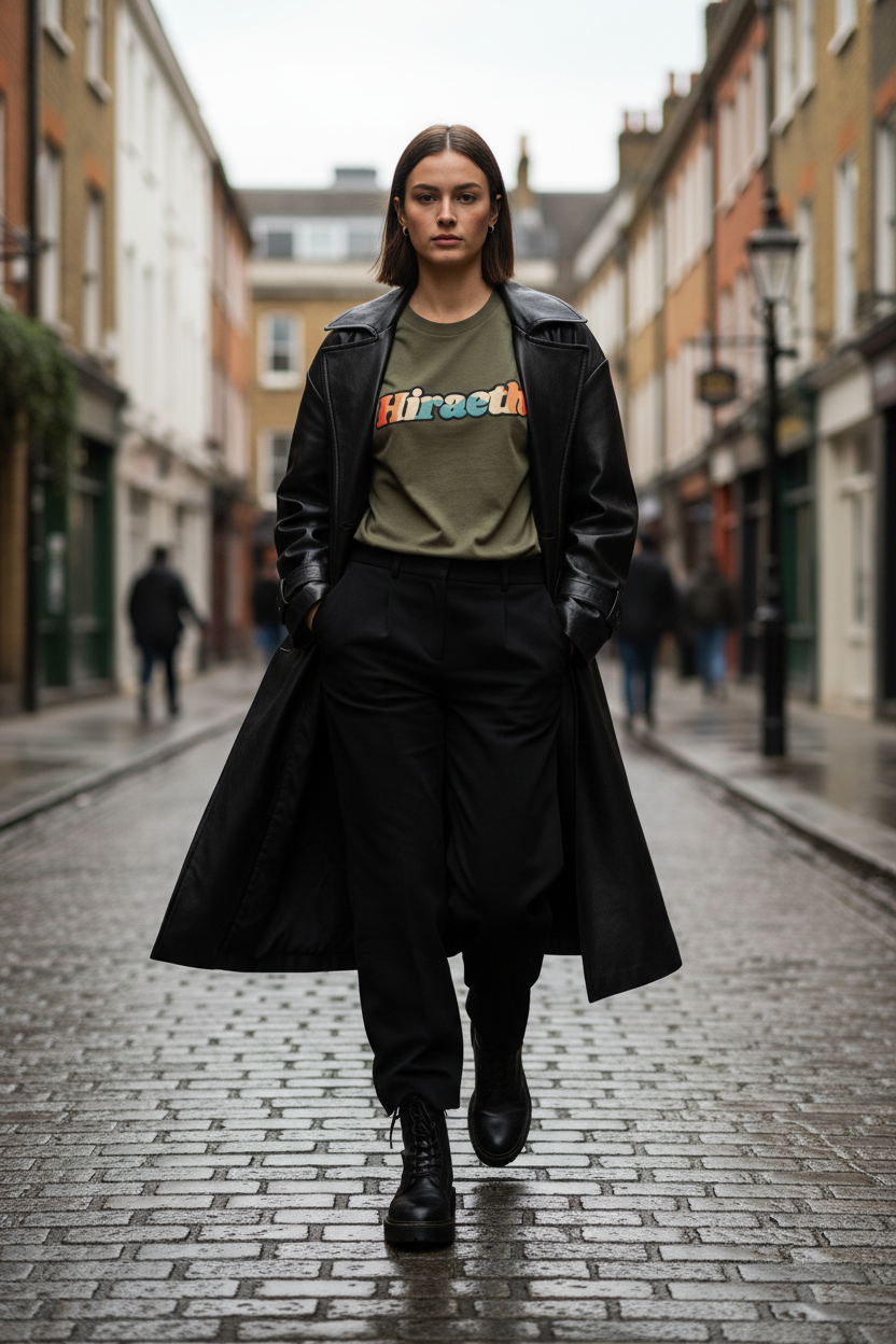 Military green hiraeth tee with leather trench