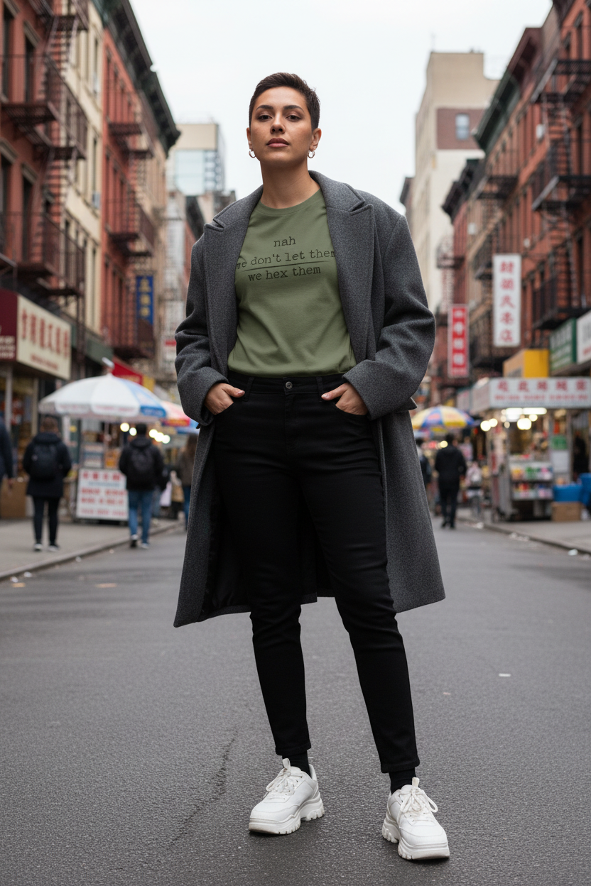 Military green we hex them tee with wool overcoat