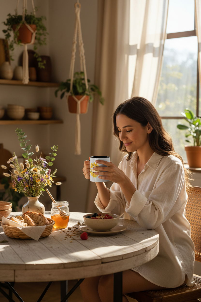 Model at Breakfast with Bee Happy Mug