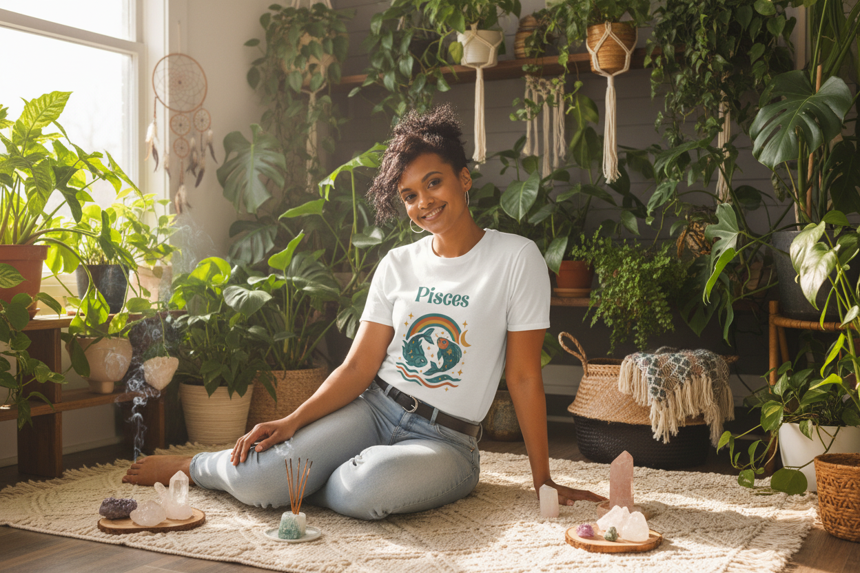 Pisces t-shirt lifestyle - cozy interior with plants