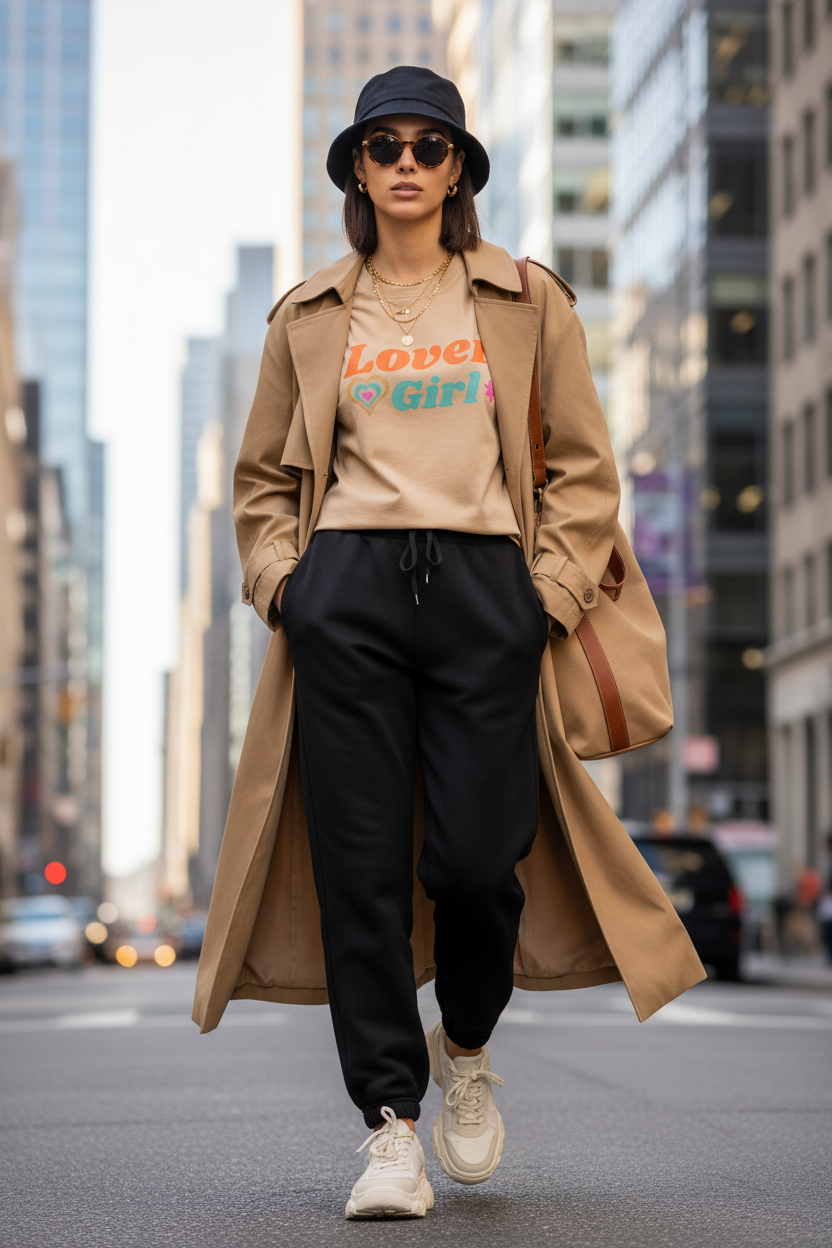 Sand lover girl orange tee with trench coat