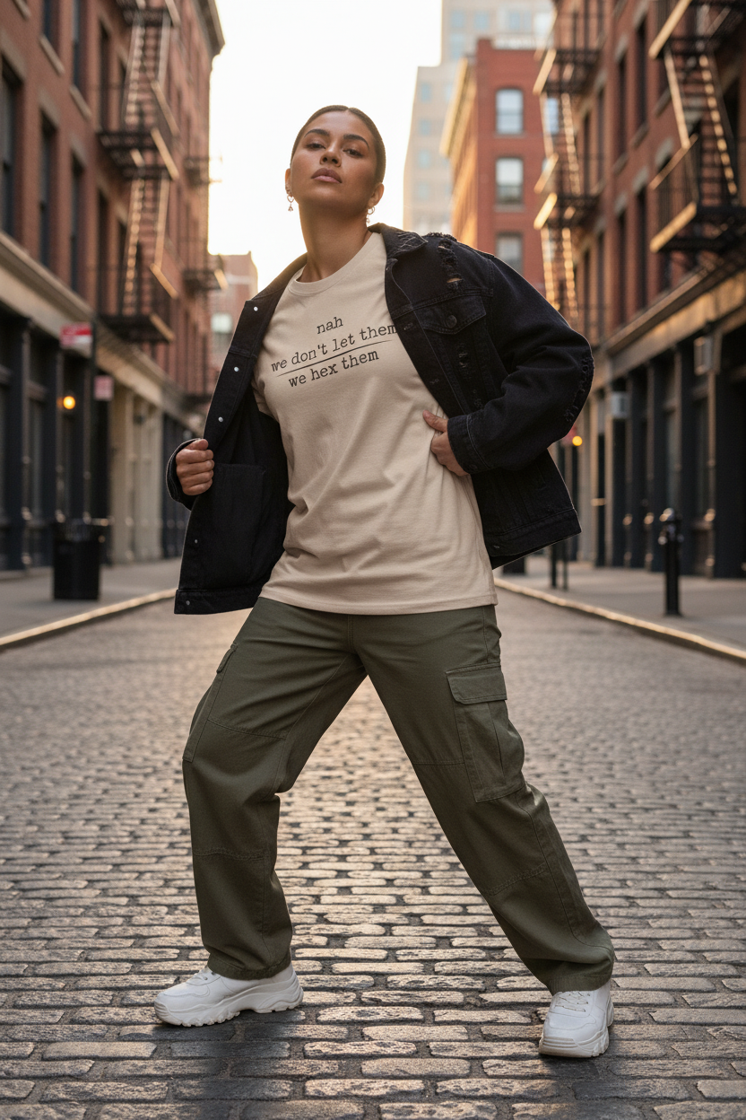 Sand we hex them tee with denim jacket