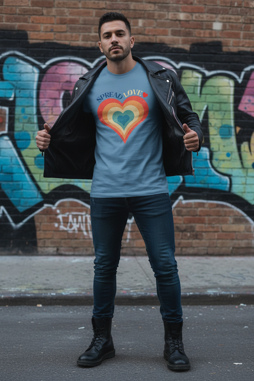 Stone blue spread love tee with leather jacket