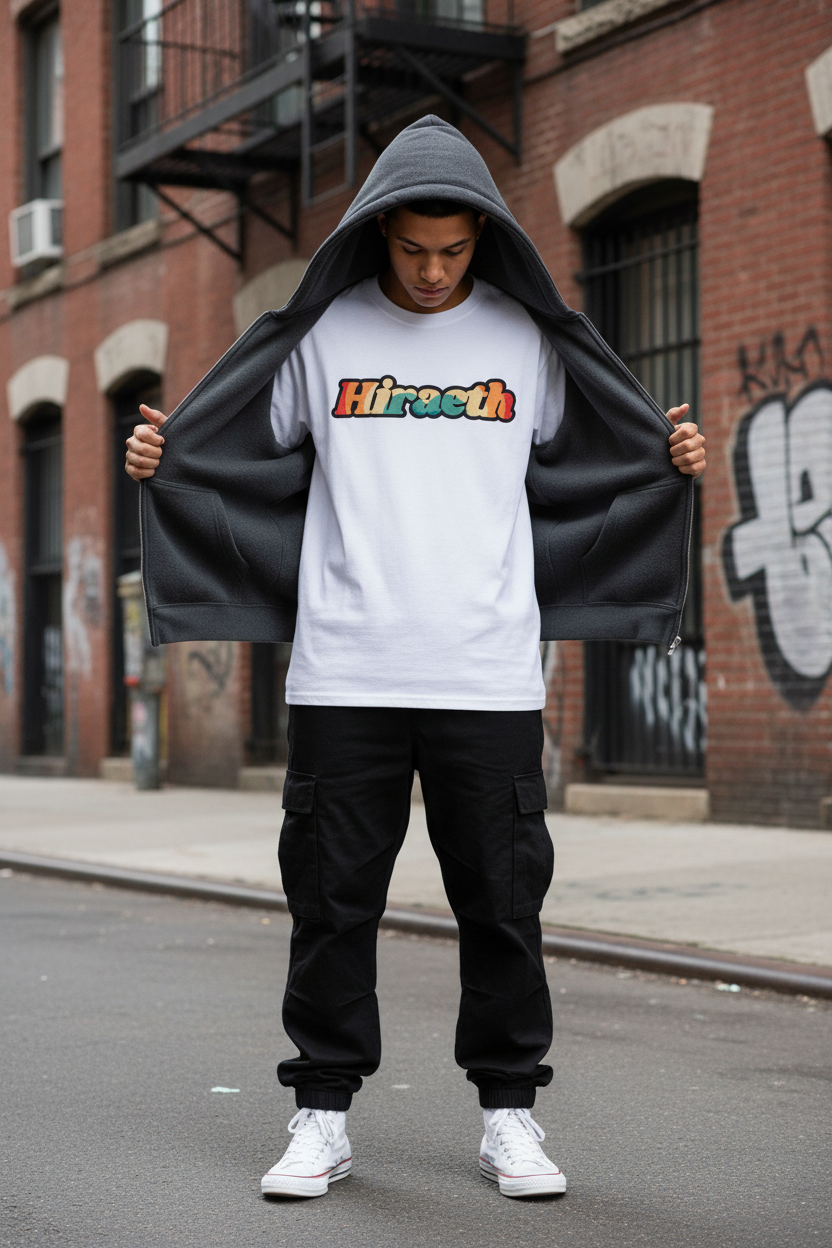 White hiraeth tee with grey hoodie