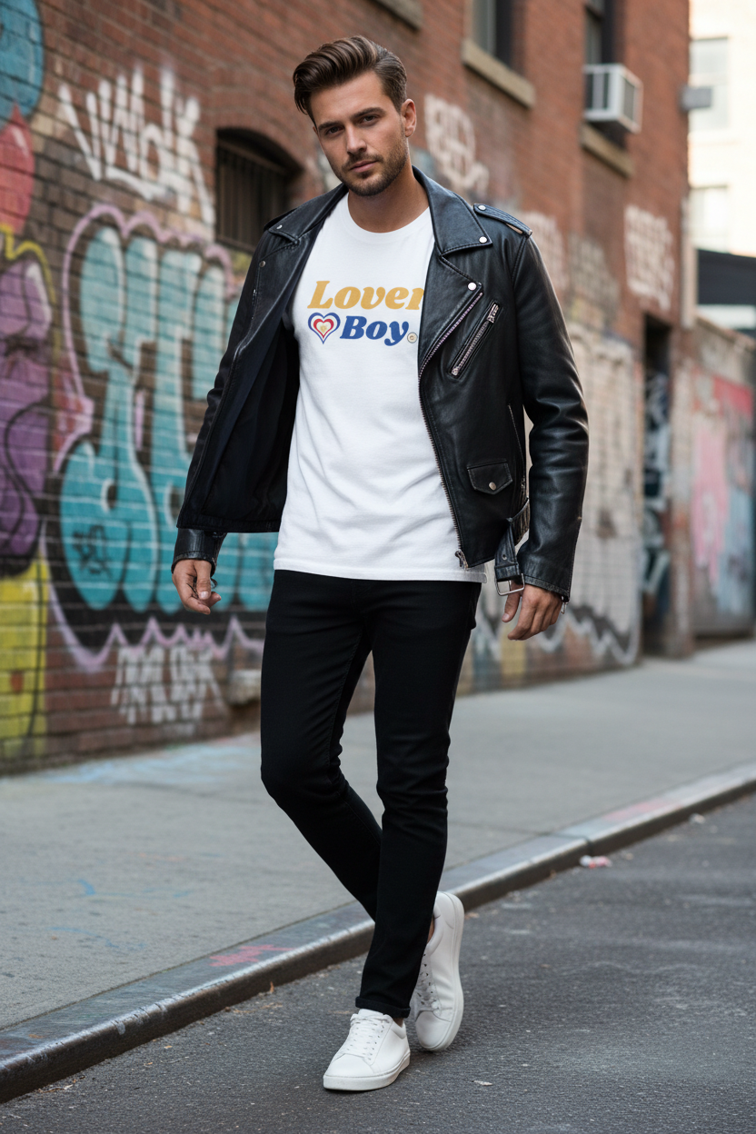 White lover boy lemon tee with leather jacket