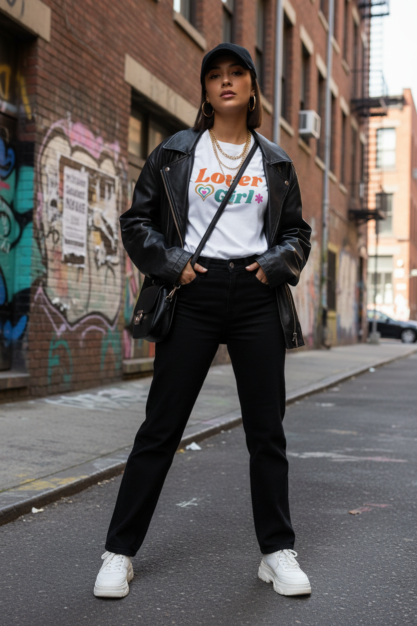 White lover girl orange tee with leather jacket