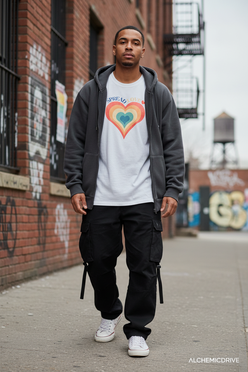White spread love tee with grey hoodie