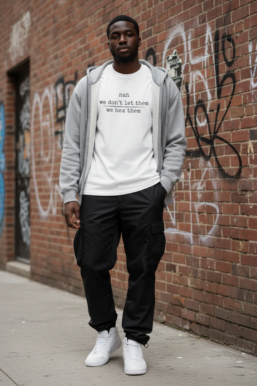 White we hex them tee with grey hoodie